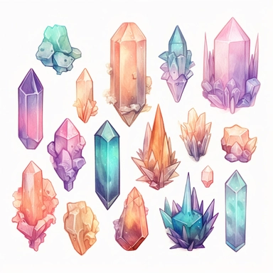 Pastel spooky crystals clipart image, in the style of mystic mechanisms, subtle pastel tones, pencil art illustrations, soft pastel tones, reimagined by industrial light and magic, litho printing, illusory images, watercolor clipart
