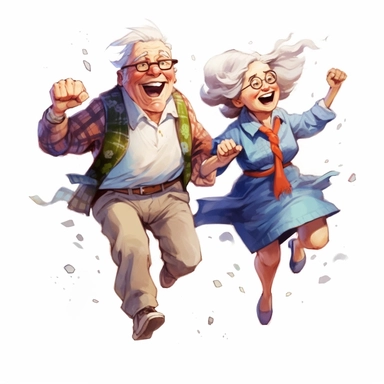 Cartoon funny grandpa and grandma running illustration clipart, detailed, white background, illustration painting, digital art, 8k, hd, watercolor