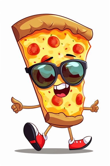 cool pizza slice clipart with feet cartoon, wearing sunglasses, with no background