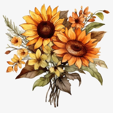 watercolour bouquet of sunflowers clipart, hd, detailed, earth tones, white background, spaced out