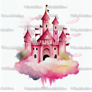 A Pink Fairy Tale Castle on cloud dream illustration, Watercolor clipart, details