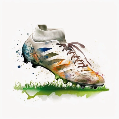 A pair of soccer shoes clipart, rendered in a vibrant watercolor style, inspired by the iconic CR7 brand. Against a white clear background, the watercolor technique brings the shoes to life with rich colors and expressive brushstrokes, capturing the energy and flair associated with Cristiano Ronaldo's playing style. The dynamic composition highlights the intricate details and textures of the shoes, creating a visually captivating image. Painting, watercolor on paper,