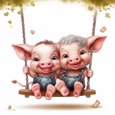 Cute Beautiful Happy Face Couple Baby Pig sit on a swing Sublimation Clipart ,Cartoon,hyper realistic, intricate detail, illustration style,high solution,on the white background