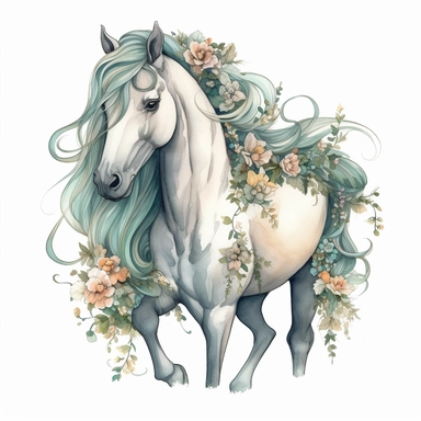 hand drawn white horse, with flowing mane and braids, full body, whimsical, fantasy, in pale shades of blue sage green soft pink and pale yellow, flowers, glamorous, realistic, watercolor, clipart style, white background with margins