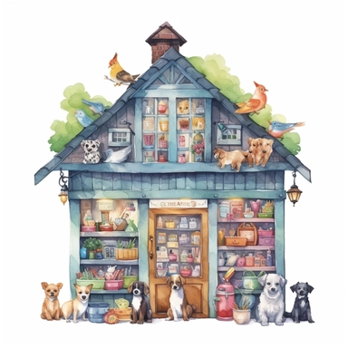 watercolor, Pet Store: Create a cartoon showcasing a vibrant and well-stocked pet store, with cute animals like puppies, kittens, and birds waiting to find their forever homes. png Full body realistic cartoon in 32K UHD cute. 15 cm thick outline. Black color. There was no shadow on the ground. 8k with realistic watercolors and detailed illustrations. PNG clipart, transparent white background