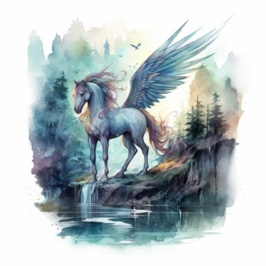 high level watercolor, hyper realistic, white background with margins, 8k, ultra detailed clipart, large, futuristic, A watchful pegasus perched on a cliff, overseeing the enchanted woods with its wings spread wide, under a starry night sky. fairy, cool