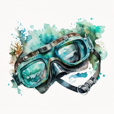 scuba diving googles, watercolor clipart, white background