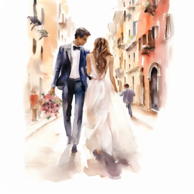 Watercolor drawing of dreamy italian bride and groom couple, romantic italy wedding watercolor clipart, white background, isolated on white, 8k, watercolor style