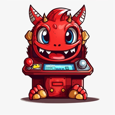 cute and funny little monster playing arcade videogame, transparent clipart graphic