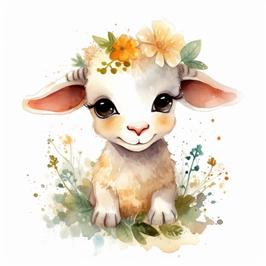 a moving babyram with cute big eyes, happy smiling face, cute animal, adorable, playful atitude, astrology, adorable watercolor animal clipart with a few plant and flowers decor, no background, high quality very sharp with clear focus