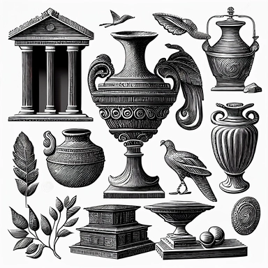a black and white vector drawing of a variety of greek archeological objects, a detailed drawing inspired by Josef Navrátil, neoclassicism, black and white vector art, clipart, highly detailed vector art, coherent, white background
