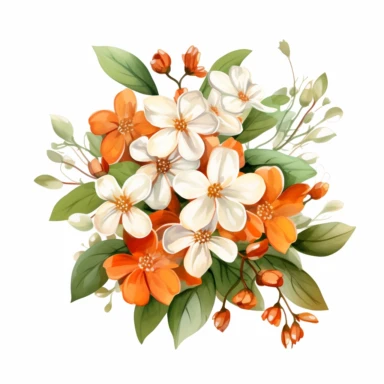 rust colored jasmine flower arrangement with watercolor effect,suitable for digital clipart,white background,green leaves