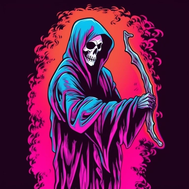 Comic book Grim reaper , shirt design , anime style grim reaper , kwaii grim reaper ,Cute Reaper , simple drawing , kwaii reaper design , logo , PFP , kwaii clip art reaper , Unique shirt design , cartoon style reaper , colourful anime background