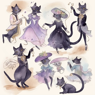 watercolor clipart, cats, dancing, Art Nouveau, highlty detailed
