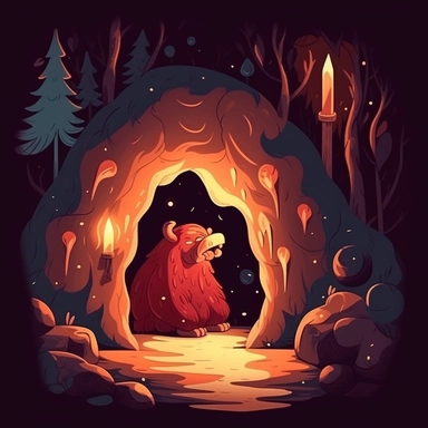a charming little cave inhabited by a friendly beast Inside, so close, in night dark atmospher, fire set in middle, Clipart-style illustration