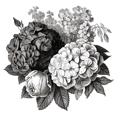 black and white clip art of hydrangeas and roses