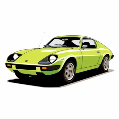 A stylized clipart representation of the 1975 Saab Sonett III in a 3/4 front view. The car's unique design is emphasized with sleek, curved lines and minimal detailing. The lime green color of the vehicle creates a vibrant and eye-catching presence against the pure white background. The angular headlights and distinctive grille are simplified into geometric shapes, while the body of the car is depicted with smooth curves. The wheels are represented as circular forms, and the overall composition 