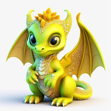 cute baby dragon with wings, clipart, fantasy, toy, neon psychedelic yellow, glitter, 3D, white background