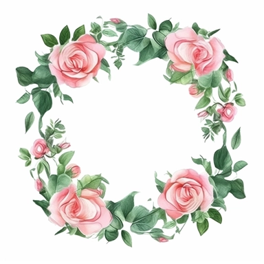 watercolor, hyper realistic, white background, white margins, 16k, ultra detailed clipart, cut out image, hand-drawn, whimsical manhwa style, ultra HD, sharp and clean art a garland made of intertwined roses and leaves, perfect for adding a romantic touch to borders or headers. Soft Pink and Emerald Green - Create a romantic and enchanting atmosphere with a color scheme consisting of soft pink shades for the roses and lush emerald green for the foliage