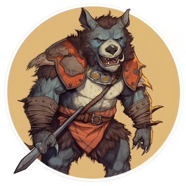 A circular tondo depicting a Dungeons & Dragons character grizzled vicious gnoll with kangaroo features, dressed as an armored Regency barbarian, Craig Mullins Ashley Wood Bernard Buffet Josh Kirby, Mad Max Lord of the Rings Discworld, handpainted punk zine indie retrowave, clipart illustration, circular solid background