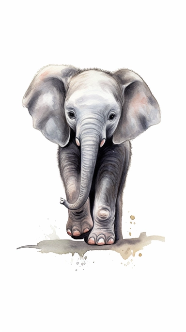 worlds cutest, adorable, realistic, life like image of a baby elephant with his trunk raised, watercolor clip art, white background ,artist rendition, sharp focus, extreme detail,