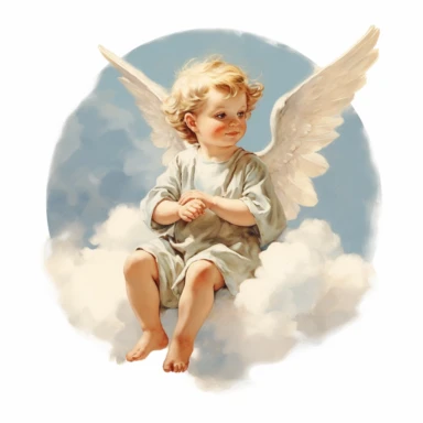 A little angel sitting on top of a cloud.