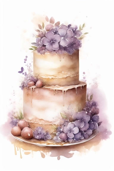amazing detailed watercolor clipart of a beautifully detailed lilac and soft brown colored birthday cake, no caption, solid white background, cinematic light lighting, hyper-detailed, 8k, high resolution, symmetrical, full shot photograph, insanely detailed and intricate, beautiful, elegant, glamour, watercolor, cinematic