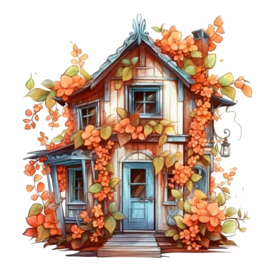 colorful wooden house with orange flower vine clipart, high detail, illustration style, high solution, on the white background