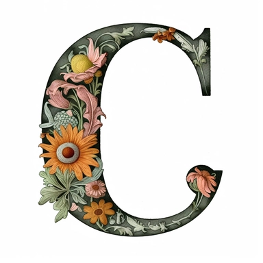 Floral Machine Embroidery, detailed illustration, clipart, white background, letter C