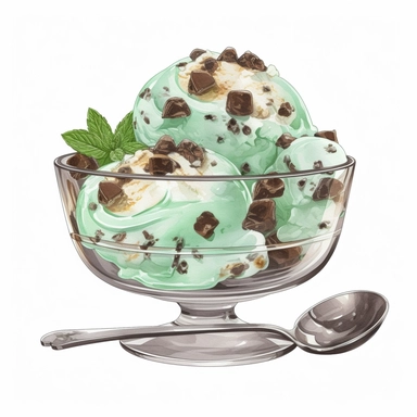 Watercolour of a mint choc chip Ice Cream in a glass bowl , Clipart,Cartoon,hyper realistic, intricate detail isolated on a white background, high quality, sublimation, detailed, cartoon style