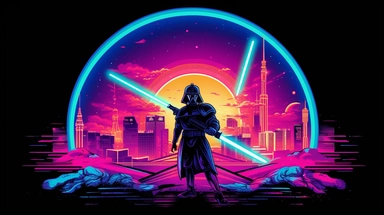 synthwave style artwork of Las Vegas at night with a moon phase chart over the city retro eighties arcade synthwave star wars icon logo of two crossed lightsabers for a lightsaber combat tournament, star wars lightsabers crossed as a cute icon, 80's synthwave style anime artwork vector clipart of lightsabers crossed, retro 80's video arcade game style icon of Star Wars themed art, lightsabers crossed vibrant electric blue and flourescent magenta