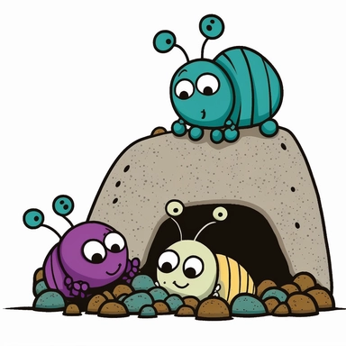 bugs under a lifted rock, grub bugs, clipart style, vector, logo, cute, golden, purple, teal, pink, lite blue, picture book style, children's lesson book, captivating, kid friendly cute character, black and white, coloring book style, cartoon style, vector image, simple, line art style, character, white background