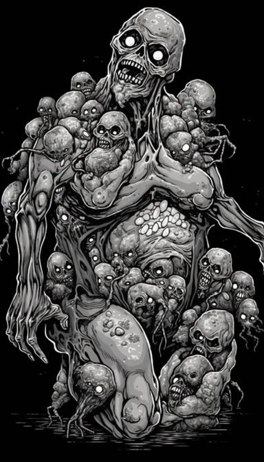 Blob's like Cluster of body ghoul zombie lacerated limbs in a death metal t - shirt design monochromatic clipart in a creepy Rectangular shape