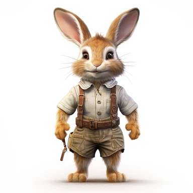 Adorable cute fantasy baby rabbit dressed like rune farmer standing in dynamic pose,front view,fullbody,sharp through out,happy expression, nursery art, clipart image, lineart image, white background, very detailed, 8k, composition wide shot