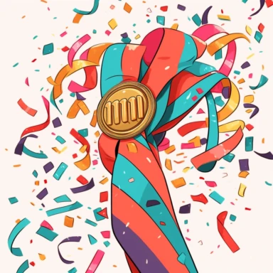simple sports winner medal and confetti clipart, hand-drawn, colorful, low details, hd
