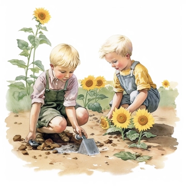 two boys from the early 20th century are playing marbles in the dirt with their schoolhouse behind them that has sunflowers and lavender growing nearby watercolor clipart no fonts no letters no words