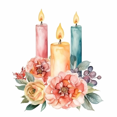 three candles, flower bouquet, pastel colors, watercolor style, white background, clip art