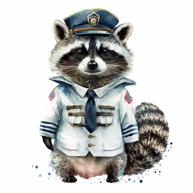 Stylish funny Raccoon in a white sea uniform, white uniform, white full body, colorful waterpaint Clipart, watercolor, high-quality illustration, professional raster graphic, white background, Studio Lighting, ultra-detailed, 8k