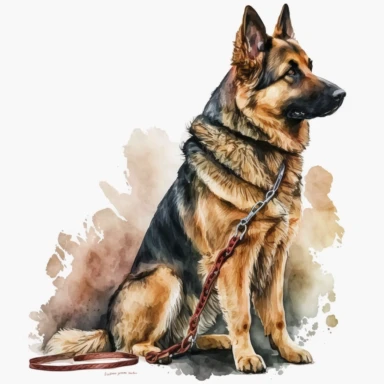 german shepherd dog with leash, watercolor clipart, transparent background