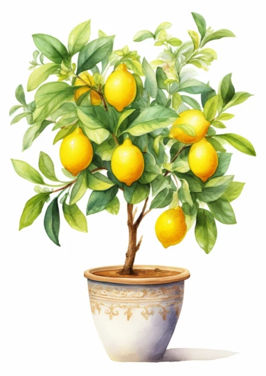 little watercolor lemon tree growing in mediterranean pot clipart on white background