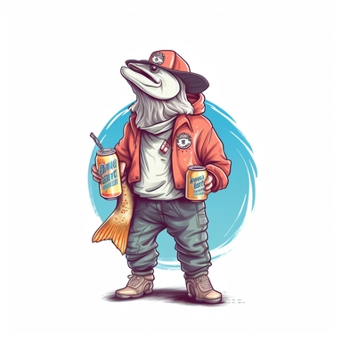 trout clipart + holding a busch light + fishing + wearing a bucket hat