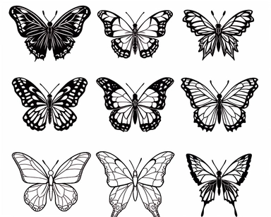 create lineart clipart of butterflies, clean bold black lines, simple designs, isolated on a white background, wide margins, high quality, high contrast