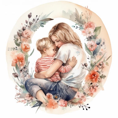 mother hugging her little son, watercolor clipart, hearts, floral, white background, png