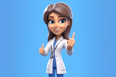 3d render. Cartoon character young caucasian woman doctor, wears uniform, shows like gesture thumb up. Medical clip art isolated on blue background. Health care recommendation