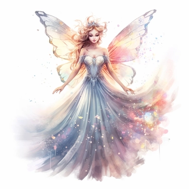 Create a magical clipart of a delicate and graceful fairy with a glowing aura. Make sure to highlight her intricate butterfly wings and flowing gown, capturing her ethereal beauty in a realistic watercolor style. The fairy should be surrounded by a plain, high contrast background to make her stand out even more.