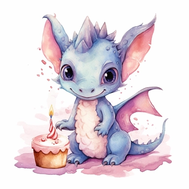 Cute happy Watercolor cake Baby Dragon Clipart, on a white background