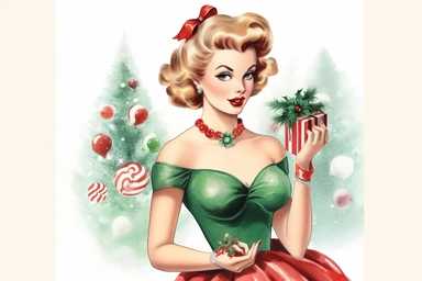 1950s christmas Pin Up Girl red green watercolor Clipart