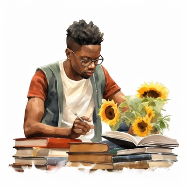 3 black, African American young man reading at desk surrounded by books and sunflowers whilst reading intently, clipart, hyper realistic, watercolor style, white background