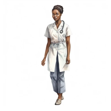 single black woman nurse watercolor clipart. Full body