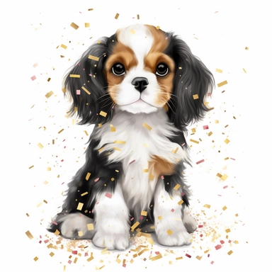 create a beautiful original high quality highly detailed watercolor clipart image of a small and adorable king charles cavalier puppy smiling wearing a pin stripe tuxedo with the puppys head sticking out of the middle of a beautiful confetti explosion made out of gold and silver confetti, include high detail to the puppys fur, white background, no text, no font, no words